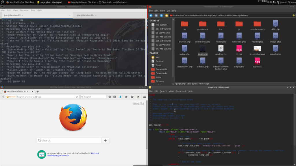 Debian Desktop: Terminal, Firefox ESR, Thunar, Mousepad text editor