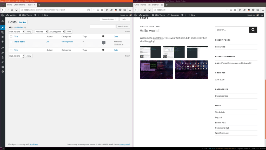 WordPress 5.0 dashboard and front end