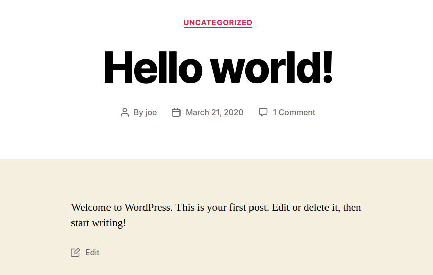 Screenshot of a Hello world! post on a WordPress website.