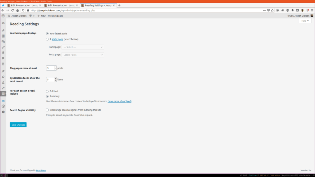 Reading Settings in the WordPress Dashboard