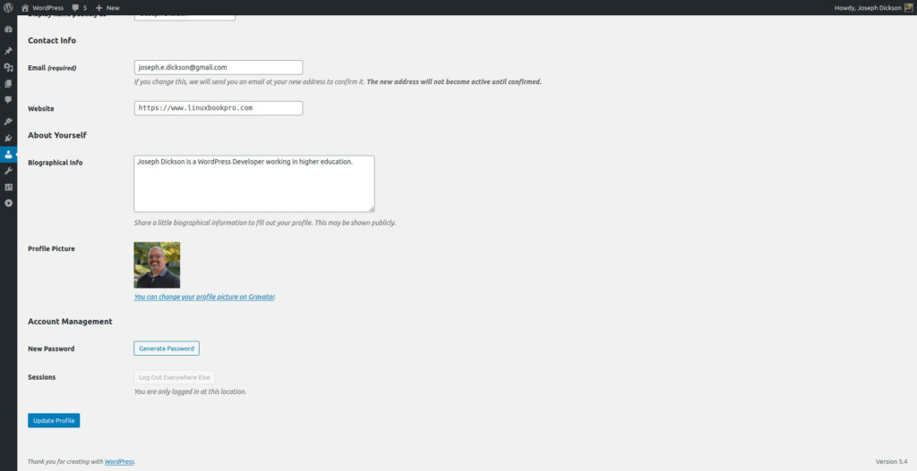 Profile screen