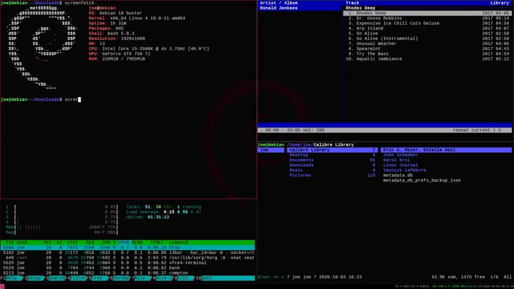 i3 window manager displaying clockwise from left screefetch, cmus, ranger and htop