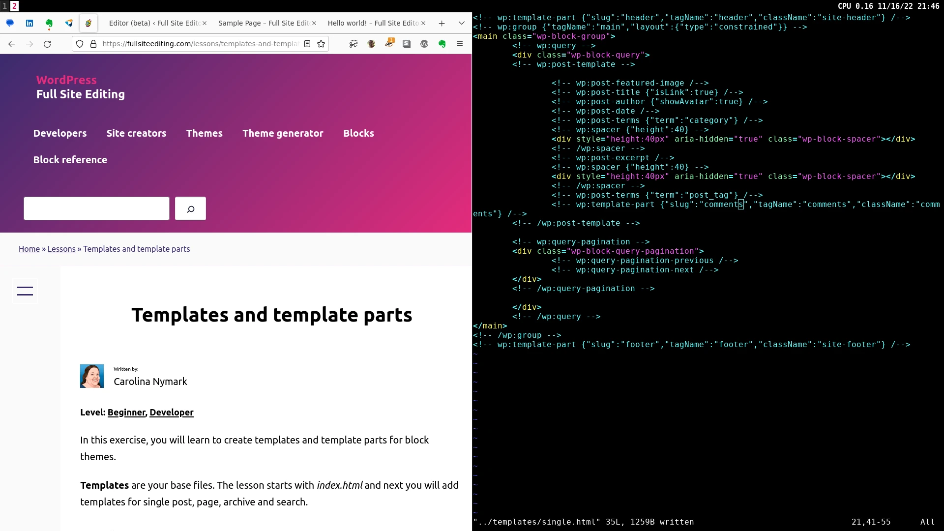Screenshot of template code for single.html