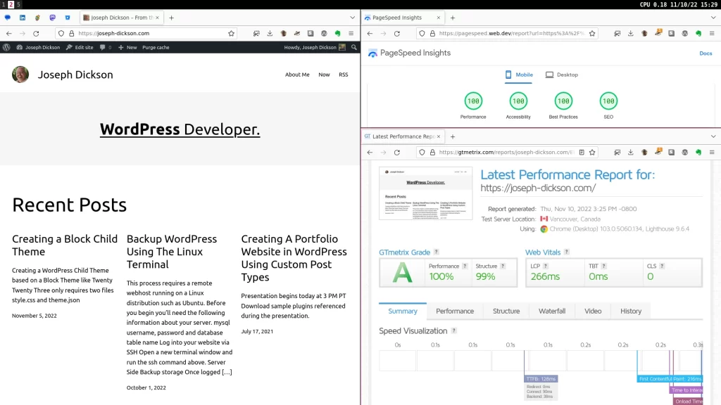 Screenshot of joseph-dickson.com and performance scores on PageSpeed Insights and GTMetrix.