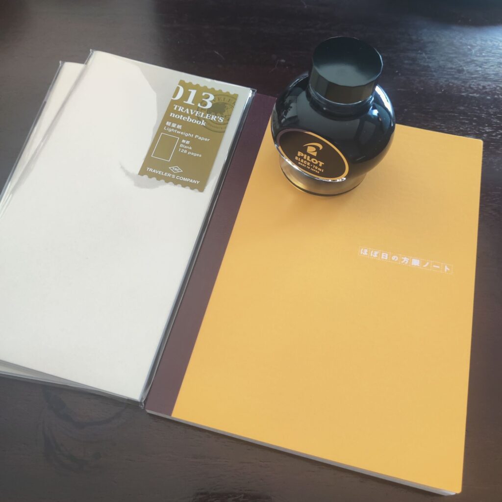 Two Travelers Notebook lightweight paper inserts, Pilot Namiki Black Ink 70ml bottle, Hobonichi A5 Plain notebook