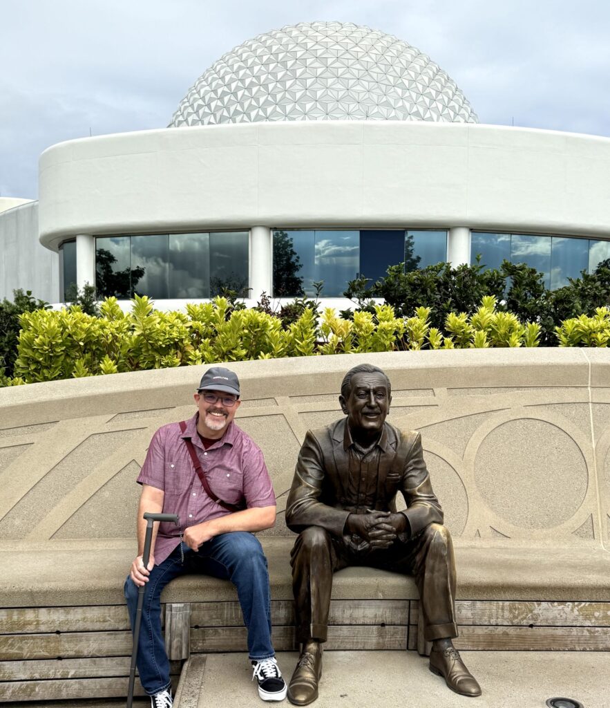 Walt Disney bench and statue at EPCOT