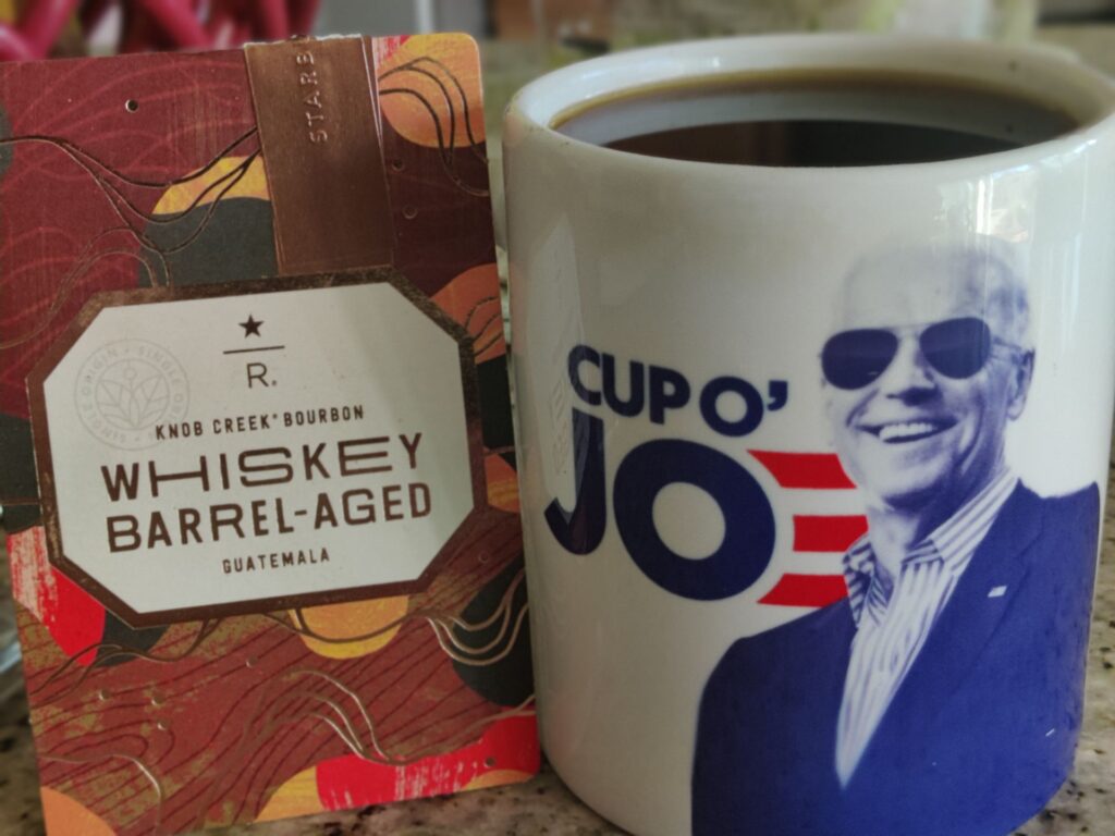 Starbucks Whiskey Barrel Aged Coffee in a Joe Biden Cup O' Joe Mug