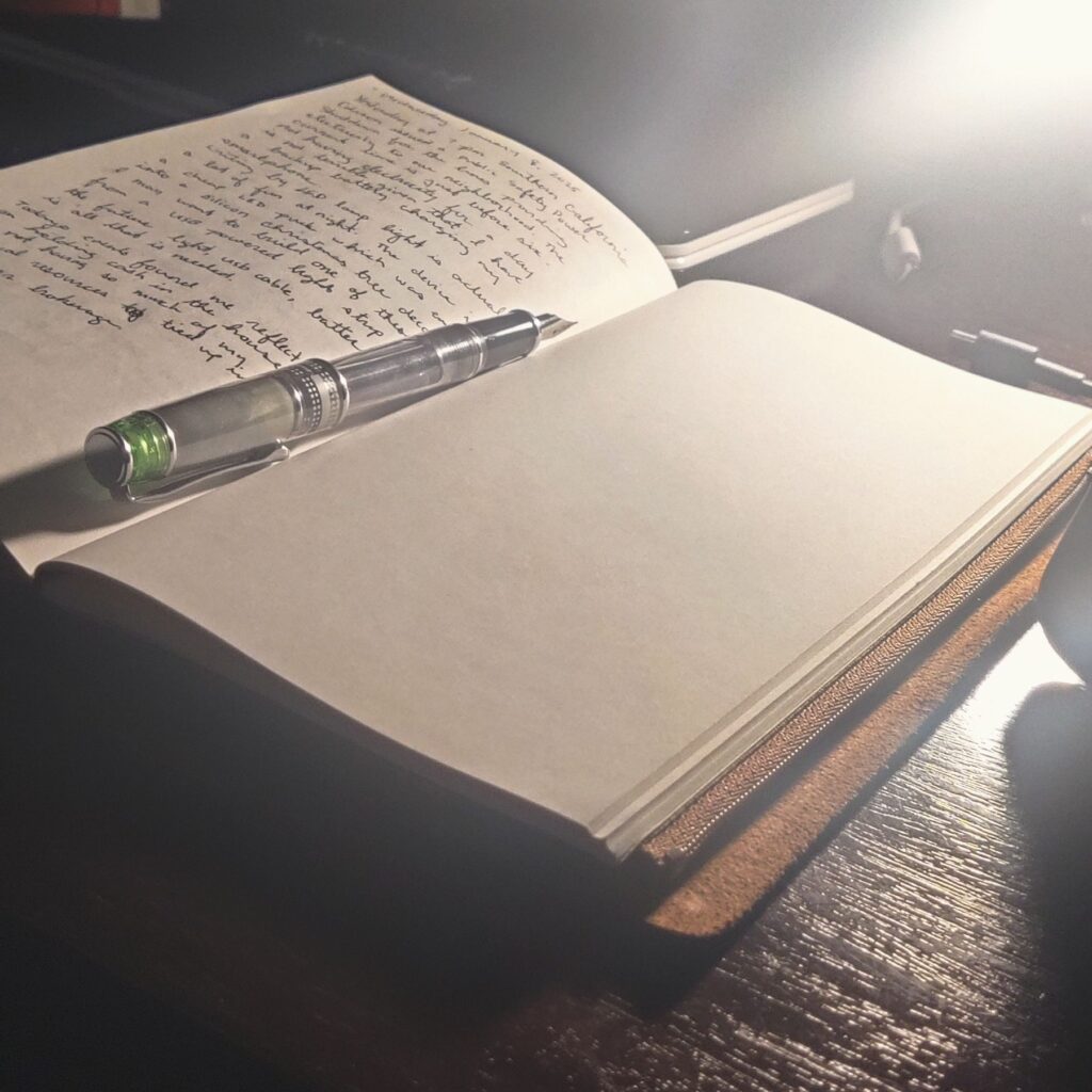 Journaling by a battery powered LED light from a Christmas decoration