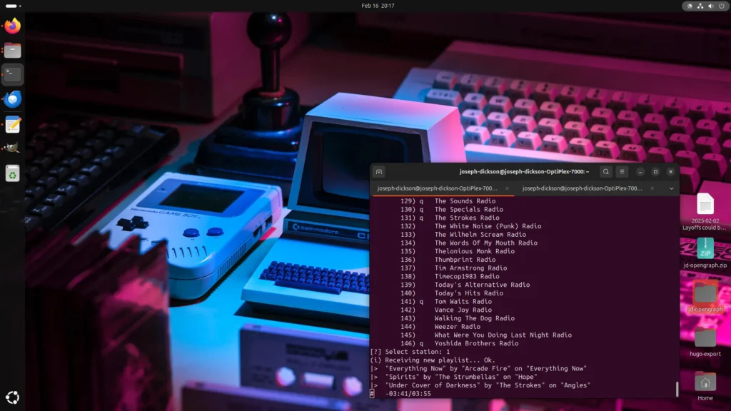 Ubuntu 24.04 Desktop with terminal open running Pianobar