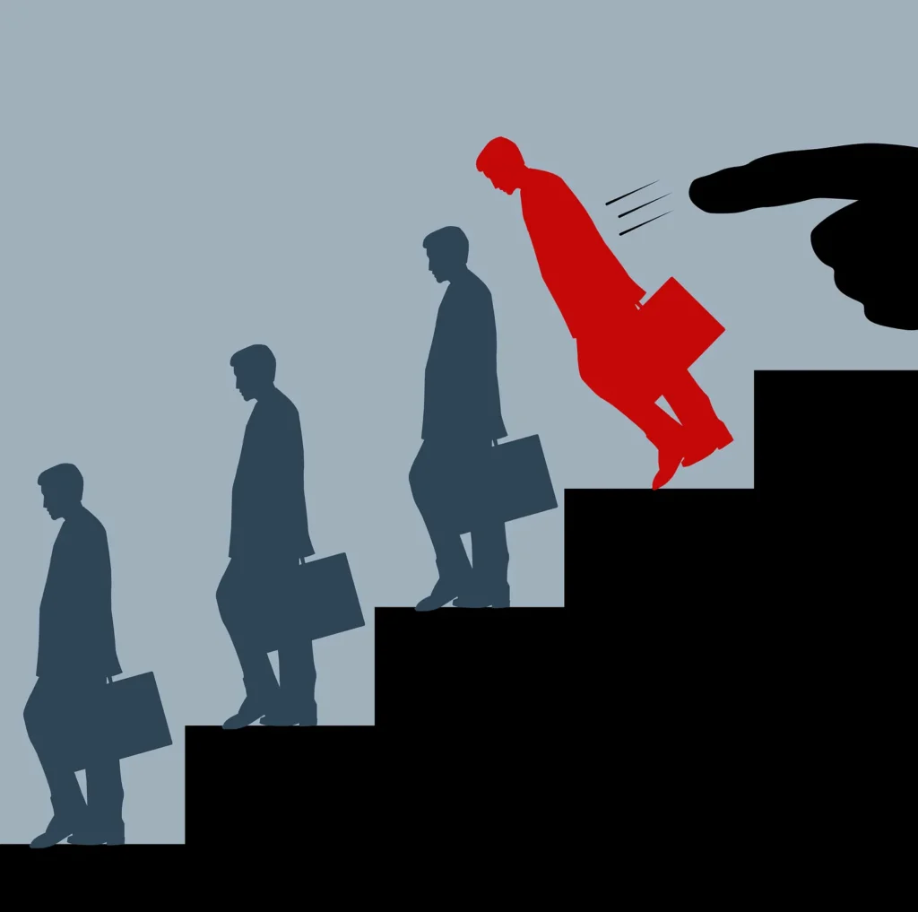 illustration of office employee being pushed down the stairs by a giant finger.