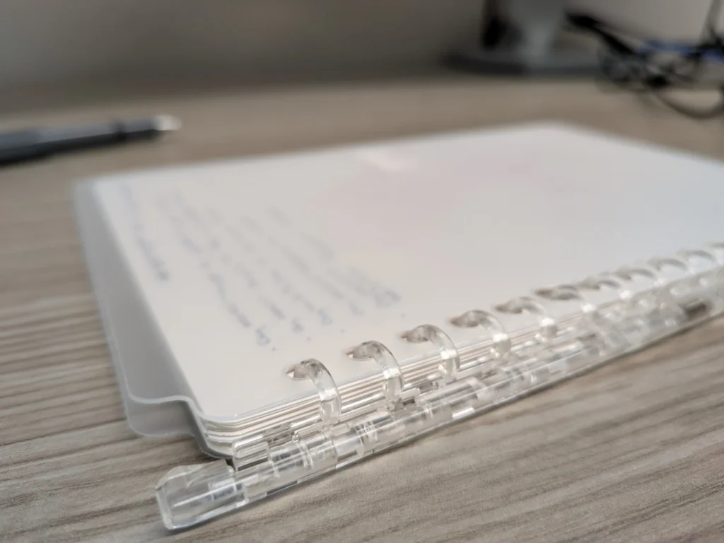 Closed Kokuyo 20 Ring A5 Binder with a clear cover.