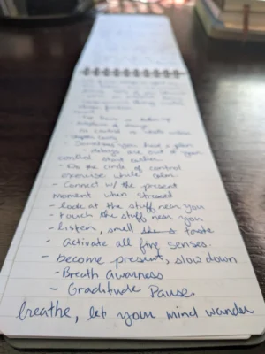 A reporter's notebook open to a spread, text can be reviewed upright top to bottom.